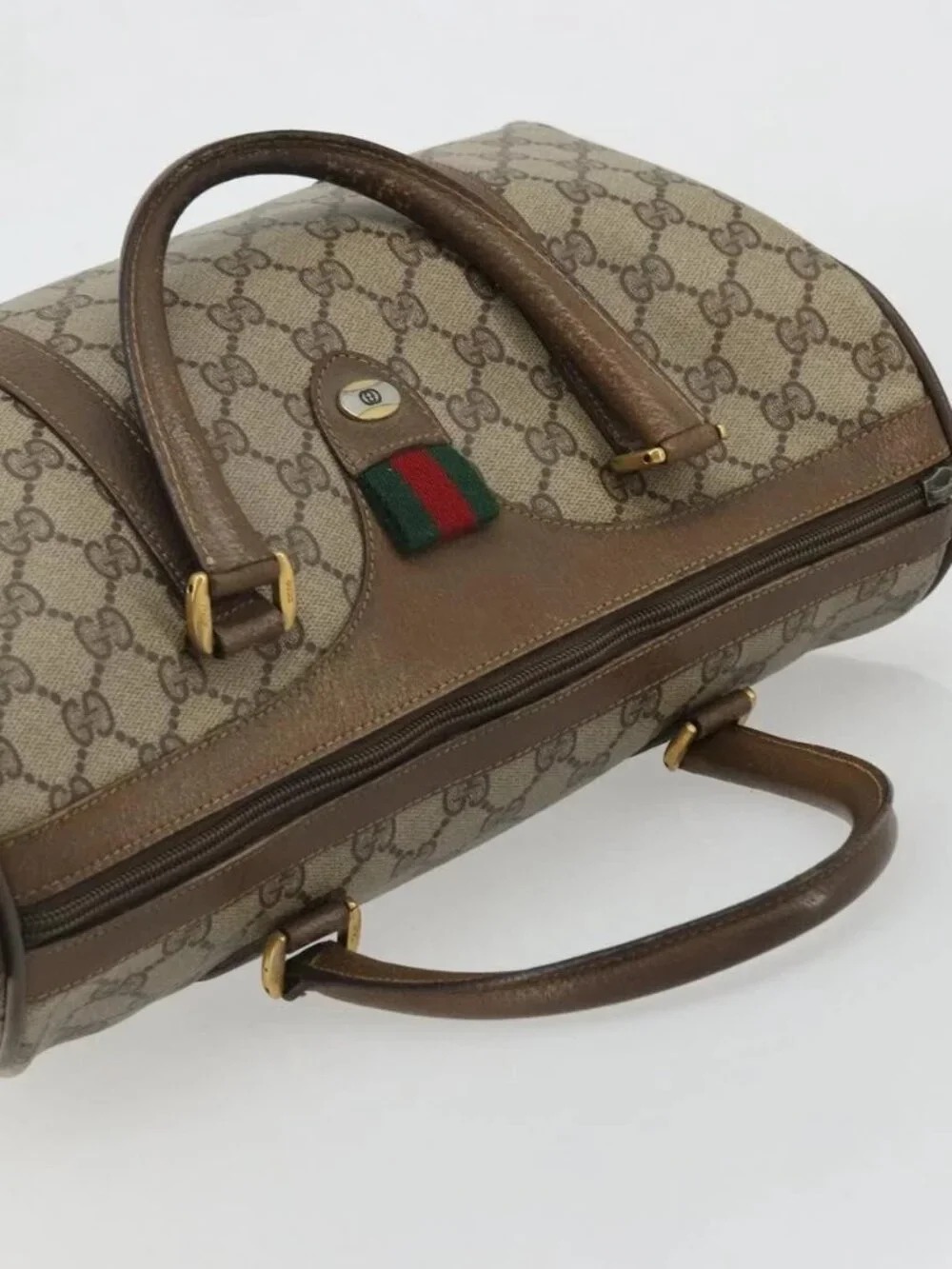 GUCCI GG Supreme Web Sherry Line Bag PVC Beige Gold 39 02 007 Auth BA12075